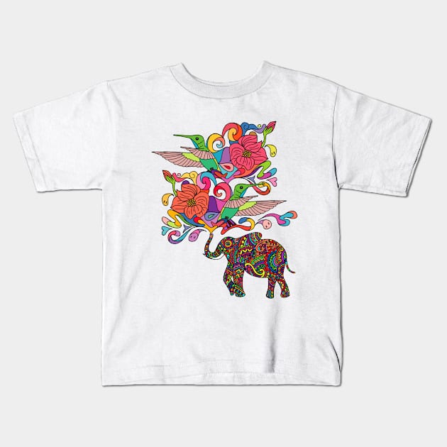 Lucky Elephant & Hummingbirds Kids T-Shirt by ogfx